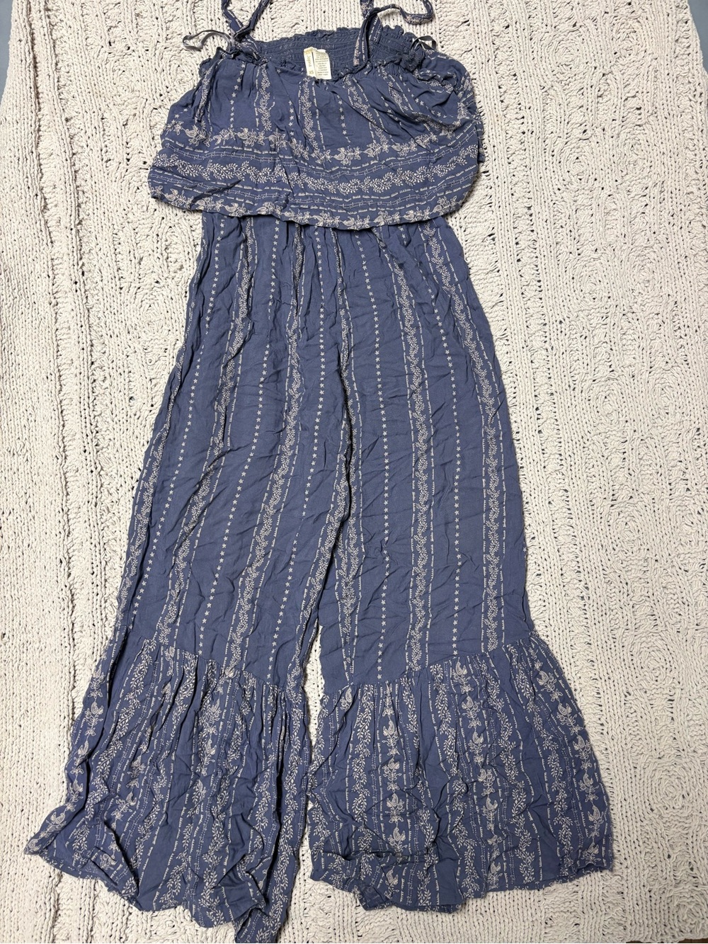 Navy Blue Patterned Ruffle-Hem Strap Jumpsuit